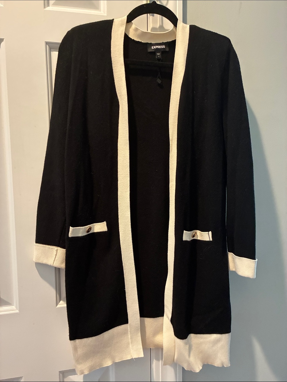 Express Black Cardigan with Cream Trim Open-Front